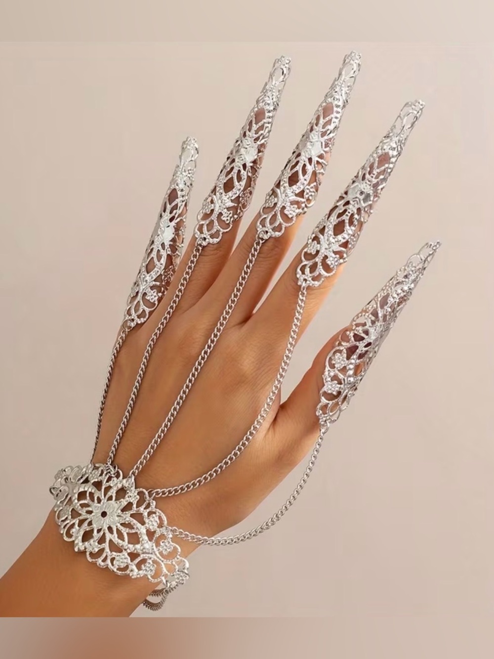 Silver Filigree Hand Chain Bracelet with Finger Lace Covers - Women Jewelry